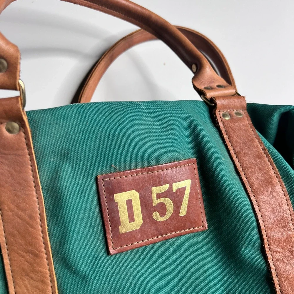 Vintage Crafted With Pride Green Canvas Leather Duffel Bag USA Made Weekender